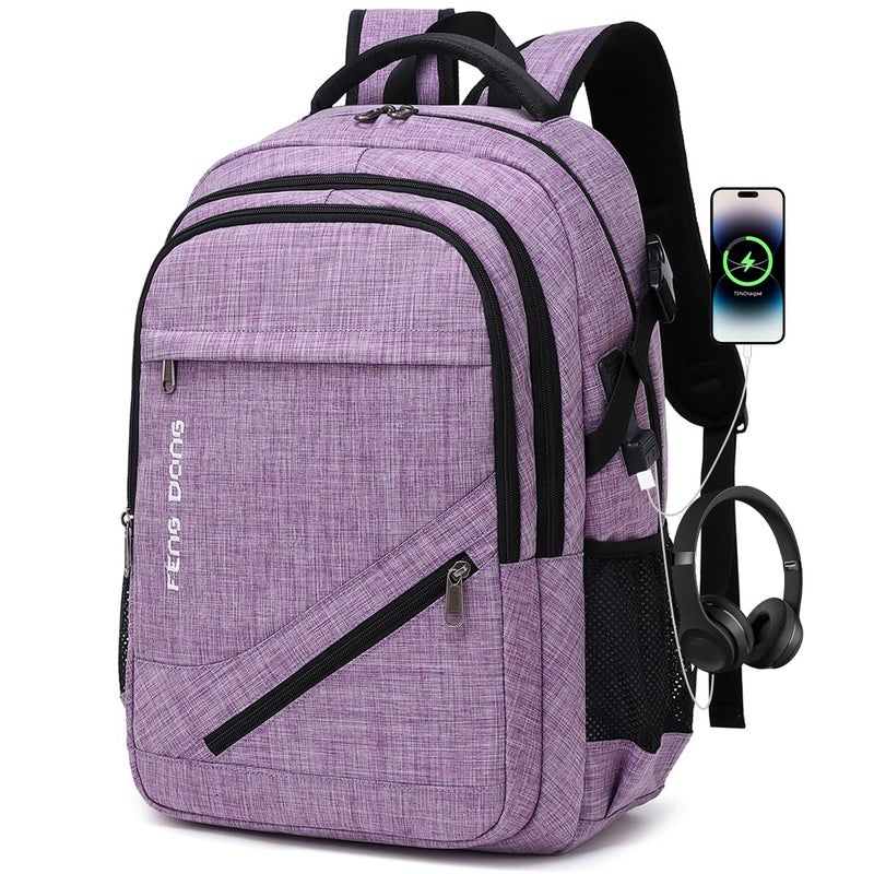 FENGDONG Large Laptop Backpack 17.3 inch Durable Waterproof Travel College Backpack Bookbag for Men & Women Business Backpack with USB Charging Port and Headset Port Light Purple - Image 1