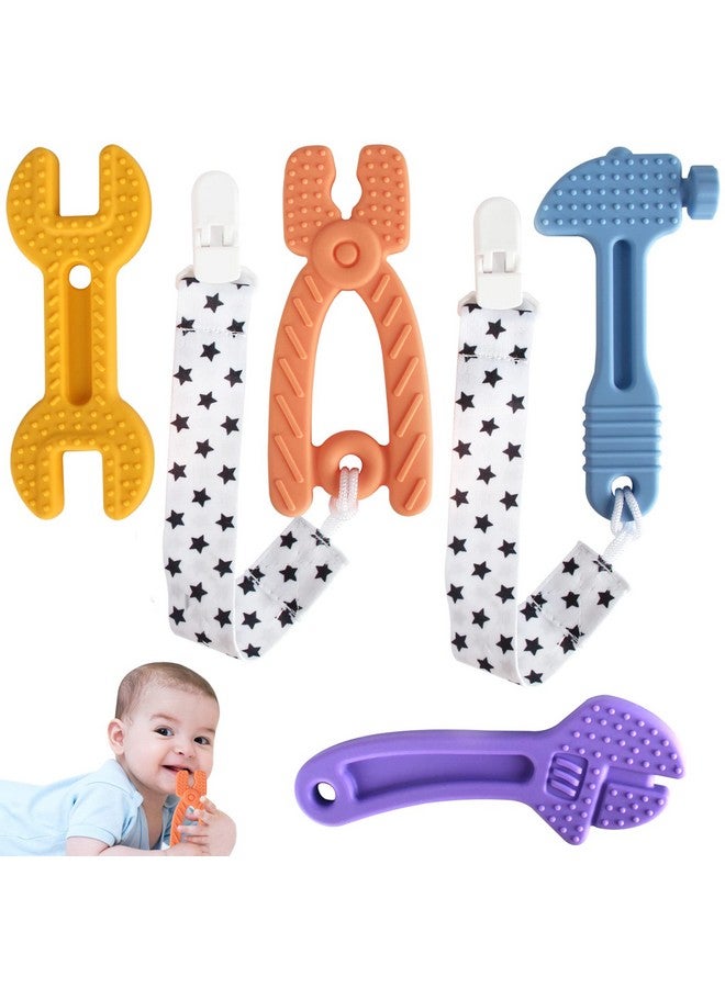 Fu Store 4 Pack Soft Silicone Teething Toys For Toddlers Infant Hammer Spanner Wrench Pliers Tools Shape Baby Teethers Relief Soothe Babies Gums Set (Hammer Set) - Image 1