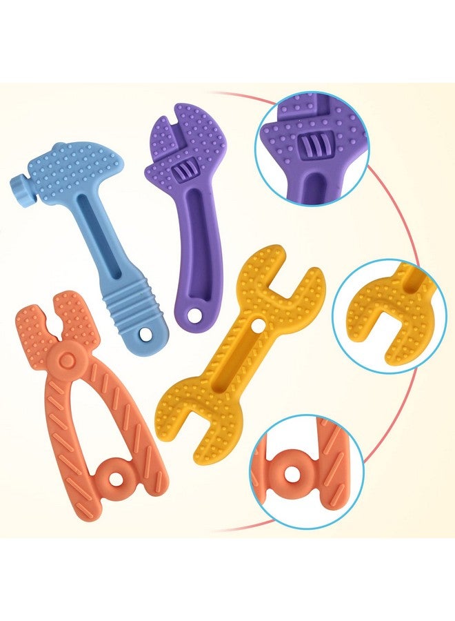Fu Store 4 Pack Soft Silicone Teething Toys For Toddlers Infant Hammer Spanner Wrench Pliers Tools Shape Baby Teethers Relief Soothe Babies Gums Set (Hammer Set) - Image 2
