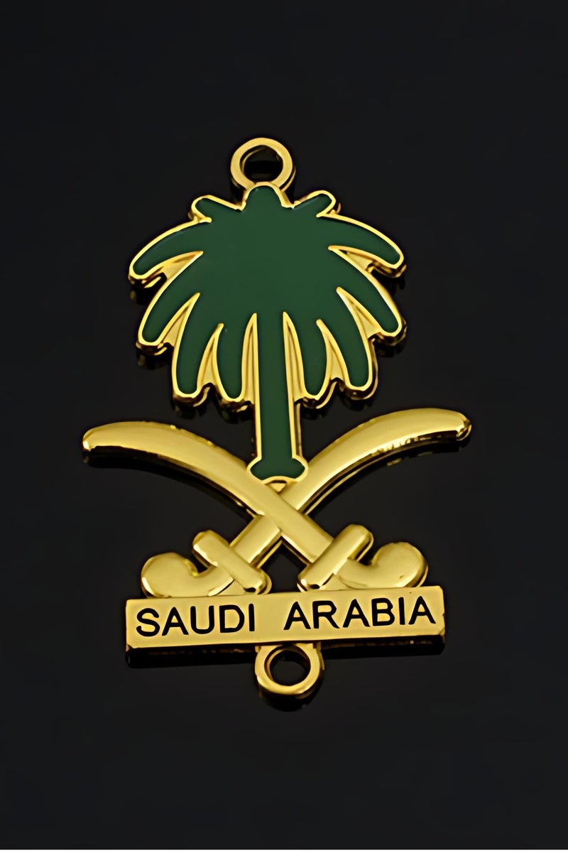 Saudi Arabia National Emblem Logo Badge Pendant Charm – Green Palm Tree & Gold Swords Design, Necklace, Keychain or Car Rearview Mirror Hanging, 2.8×4.6cm - Image 1