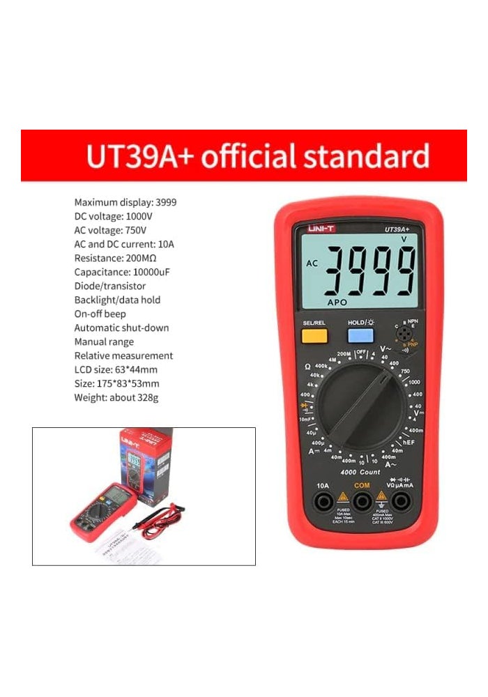 UNI-T مقياس رقمي UNI-T UT39A+ - 1000 فولت تيار مستمر و 750 فولت تيار متردد، 10 أمبير كحد أقصى، سعة 10 مللي فاراد - Image 1
