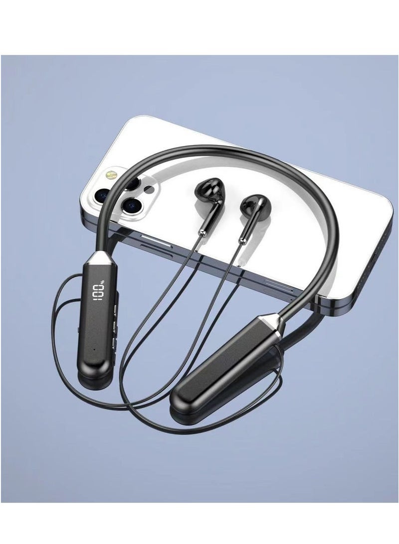 Wireless neck-worn digital display bluetooth headset with large battery and long battery life hanging neck wireless bluetooth sports headset black  - Image 1