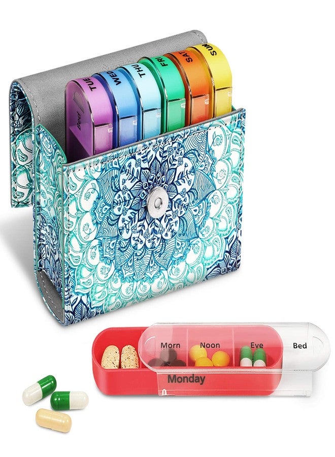 FINPAC Weekly Pill Organizers 4 Times A Day, Slide Open PU Leather Case Travel Pill Vitamin Medicine Reminder and Planner with Name Card for Morning| Afternoon| Evening| Bedtime (Emerald Illusions) - Image 1