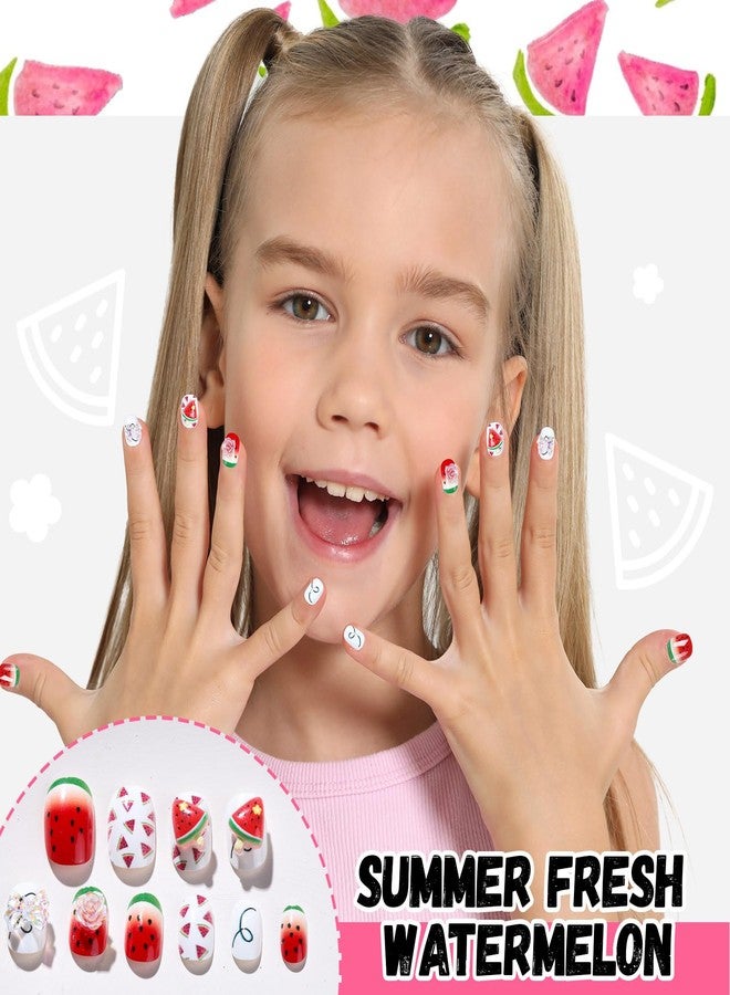 FANDAMEI Press on Nails for Girls, 6 Styles 144PCS Press on Nails for Kids, Little Girl Nails Press on Short Round with Nail Charms and Gems, Fake nails for Kids, Girls with Adhesive Tabs - Image 5