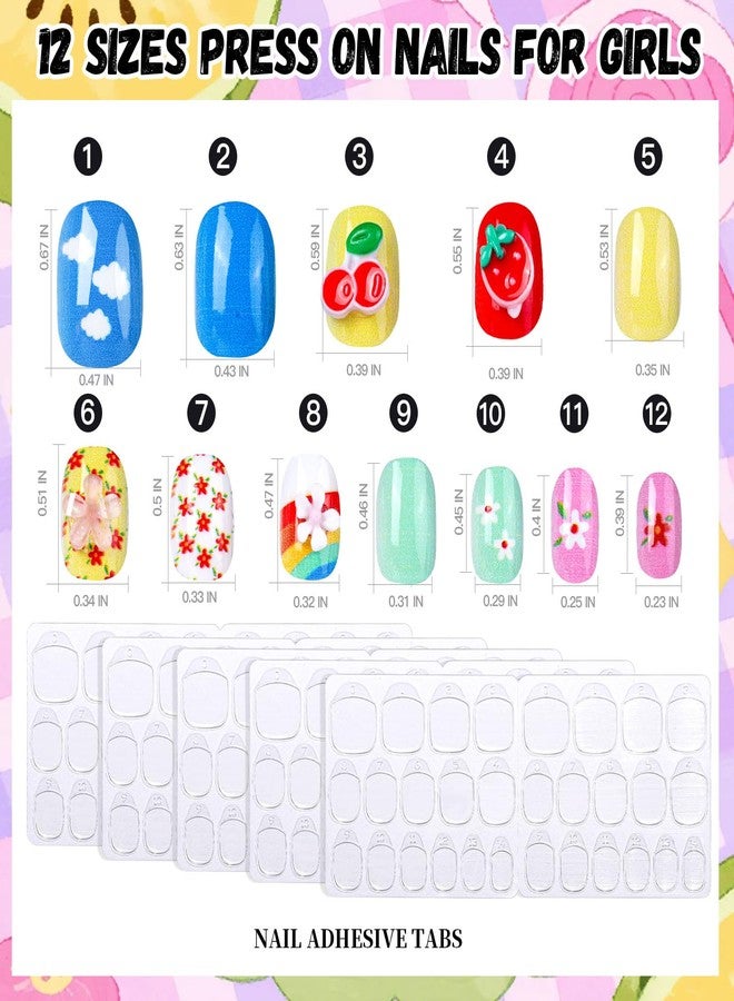FANDAMEI Press on Nails for Girls, 6 Styles 144PCS Press on Nails for Kids, Little Girl Nails Press on Short Round with Nail Charms and Gems, Fake nails for Kids, Girls with Adhesive Tabs - Image 2