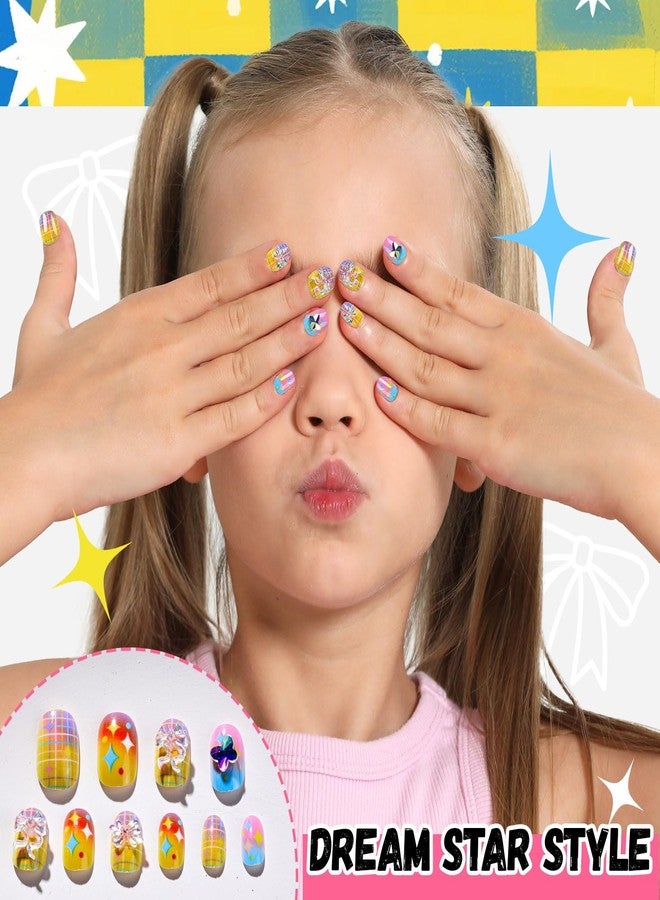 FANDAMEI Press on Nails for Girls, 6 Styles 144PCS Press on Nails for Kids, Little Girl Nails Press on Short Round with Nail Charms and Gems, Fake nails for Kids, Girls with Adhesive Tabs - Image 3