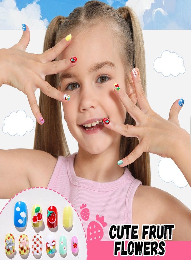 FANDAMEI Press on Nails for Girls, 6 Styles 144PCS Press on Nails for Kids, Little Girl Nails Press on Short Round with Nail Charms and Gems, Fake nails for Kids, Girls with Adhesive Tabs - Image 4