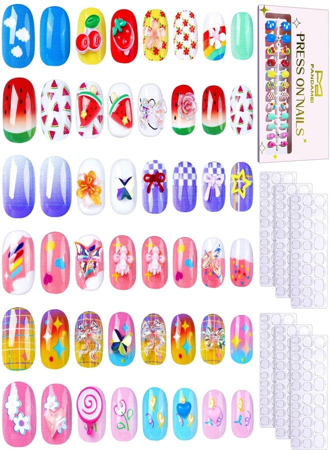 FANDAMEI Press on Nails for Girls, 6 Styles 144PCS Press on Nails for Kids, Little Girl Nails Press on Short Round with Nail Charms and Gems, Fake nails for Kids, Girls with Adhesive Tabs - Image 1