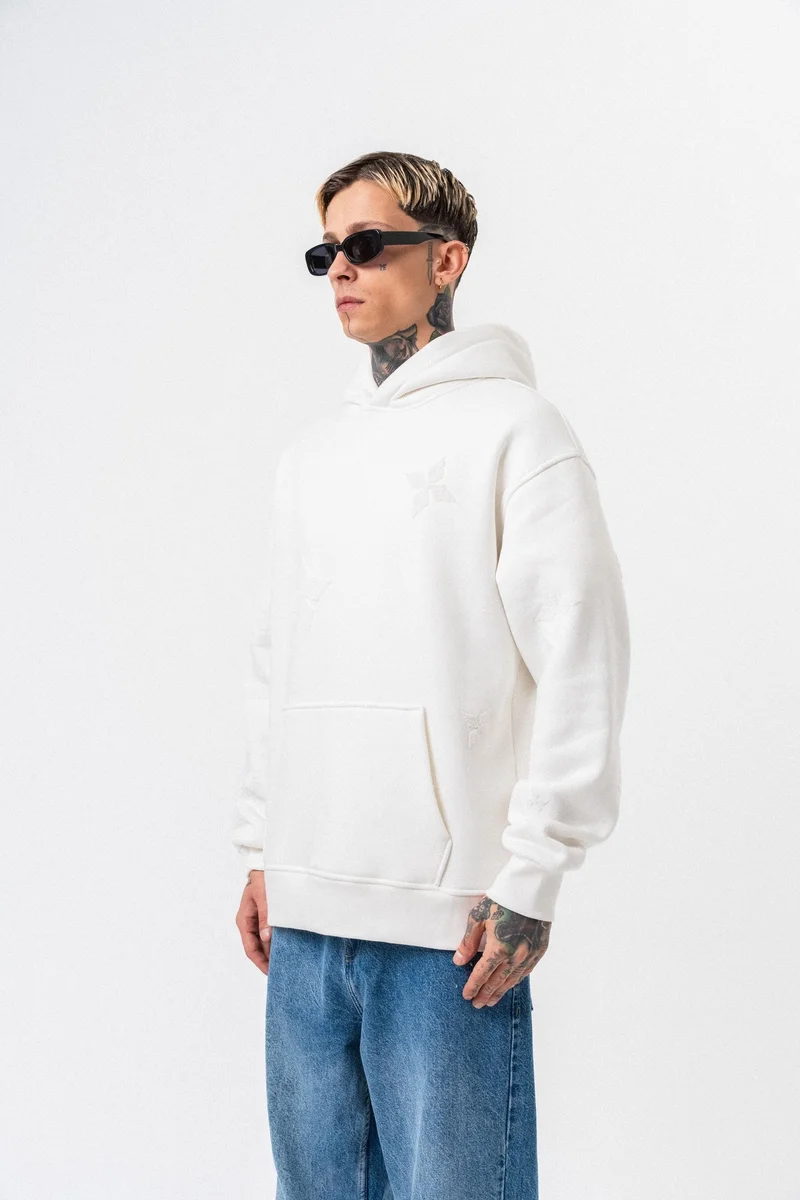 RESPIRE Men's Süzene Embroidery Detail Hooded Oversize Hoodie Ecru