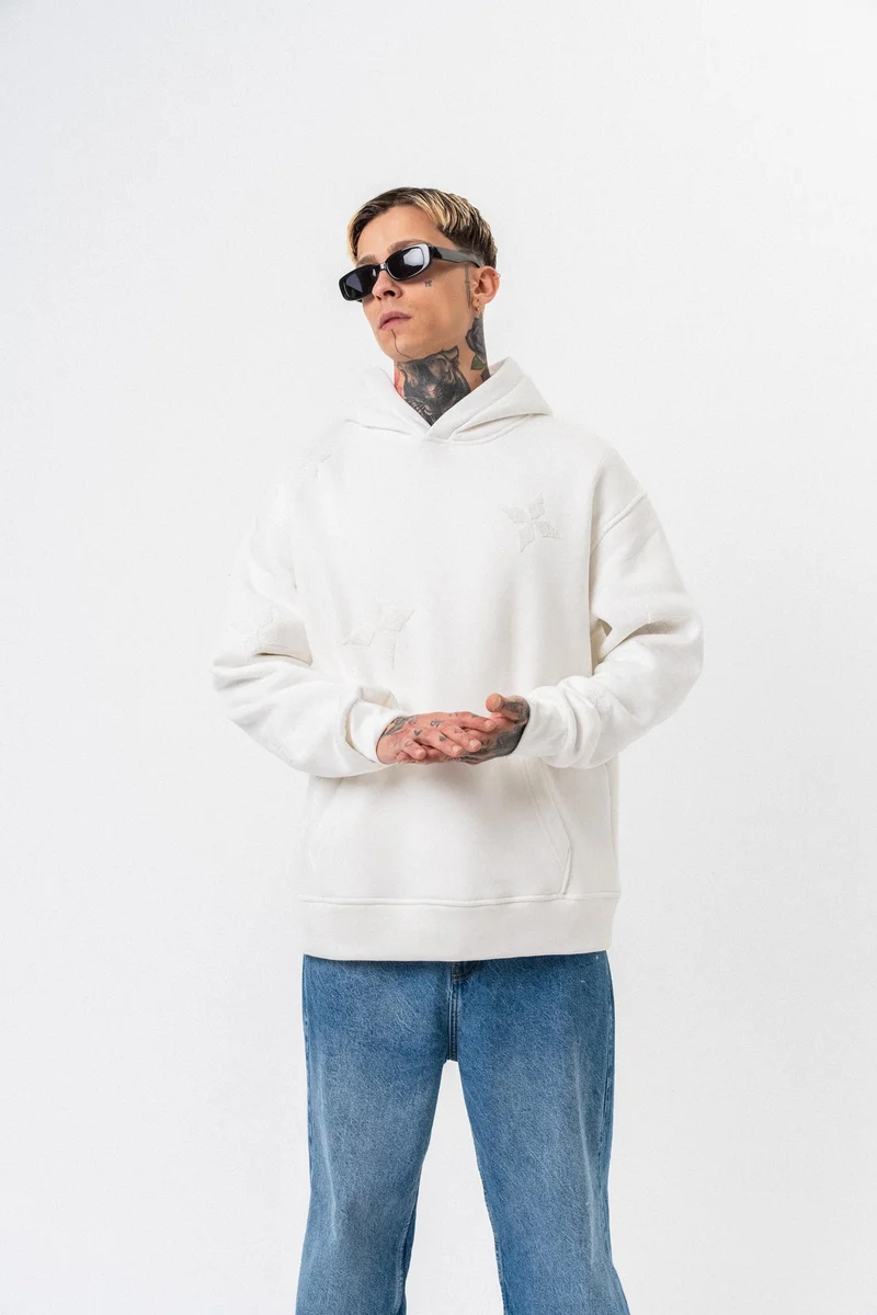 RESPIRE Men's Süzene Embroidery Detail Hooded Oversize Hoodie Ecru