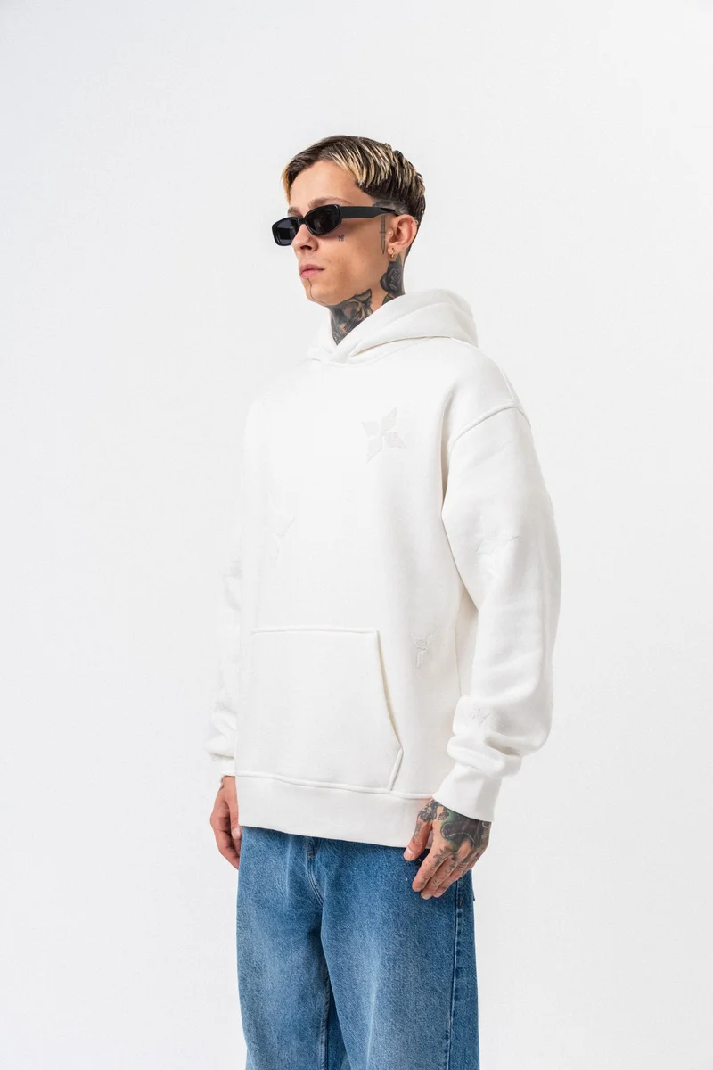 RESPIRE Men's Süzene Embroidery Detail Hooded Oversize Hoodie Ecru