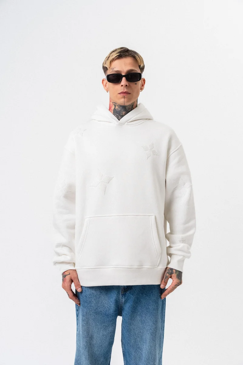 ريسباير هودي رجالي واسع (Oversize) بغطاء رأس بتفاصيل تطريز "Süzene" لون إيكرو