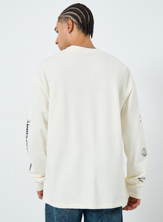 Styli Men Cream Graphic Print Oversized T-Shirt - Image 5