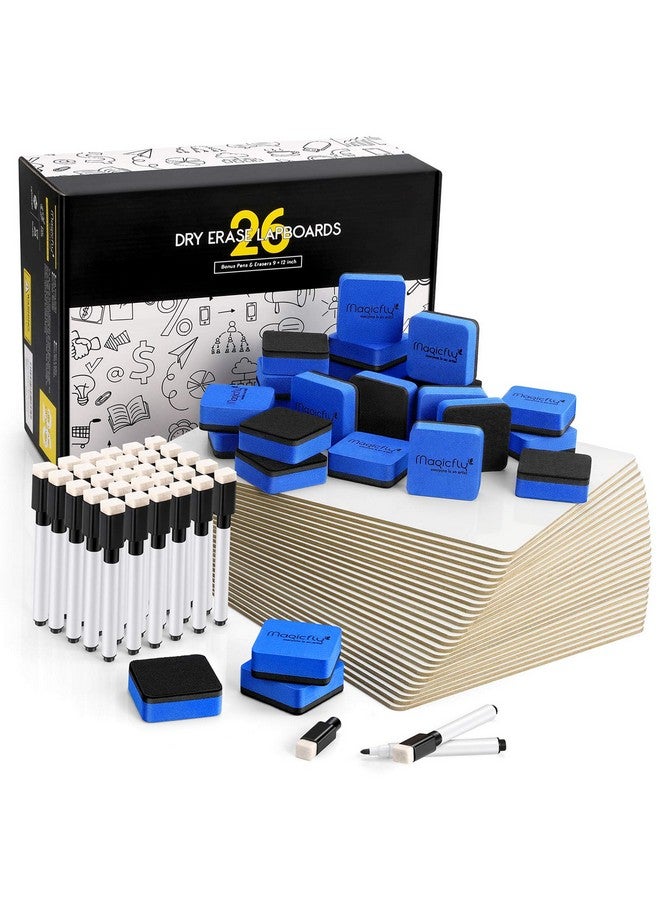 ماجيك فلاي سبورة بيضاء صغيرة، عبوة من 26 سبورة بيضاء صغيرة مقاس 9×12 بوصة، سبورة بيضاء مزدوجة الجوانب للطلاب والمعلمين والفصول الدراسية واللوازم المدرسية والمكتبية مع 32 قلمًا و26 ممحاة - Image 1
