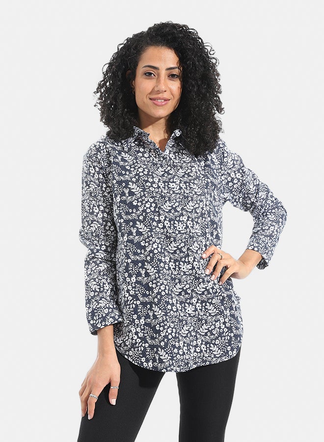 Andora Floral Turned Down Collar With Button Closure Shirt _ Blue & White - Image 1