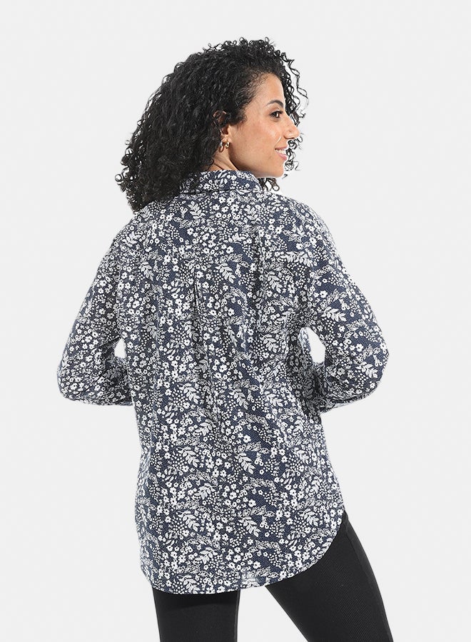 Andora Floral Turned Down Collar With Button Closure Shirt _ Blue & White - Image 4