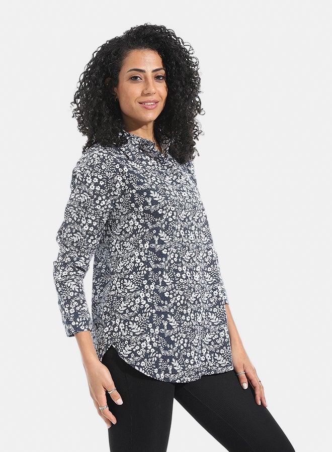 Andora Floral Turned Down Collar With Button Closure Shirt _ Blue & White - Image 2