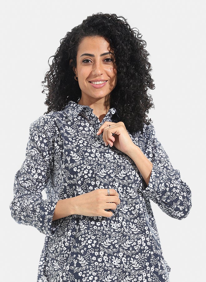 Andora Floral Turned Down Collar With Button Closure Shirt _ Blue & White - Image 3