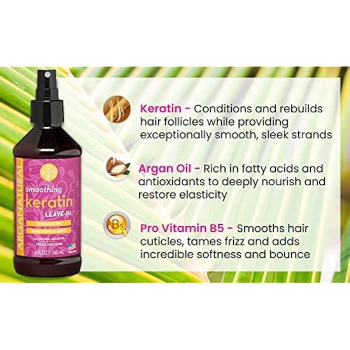 Arganatural Smoothing Keratin Leave-in Conditioner, 8 fl oz / 250 ml Spray Bottle, Smooth & Detangle Frizzy Hair - Image 3