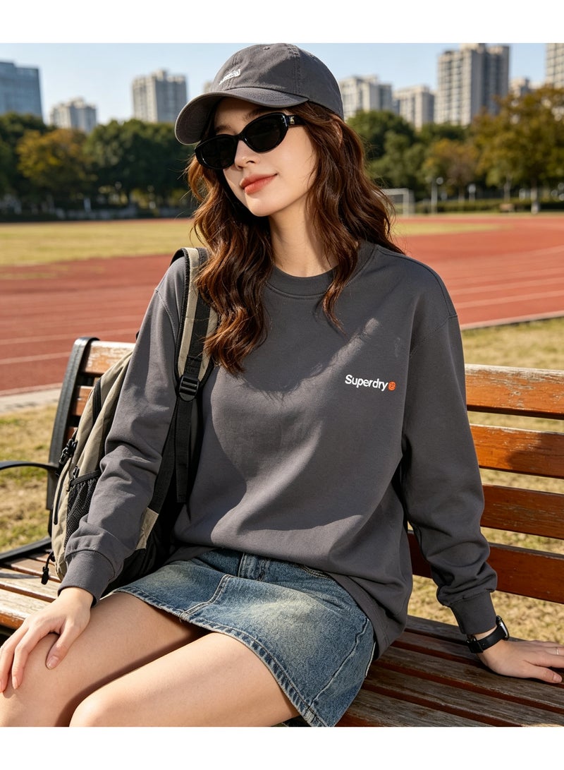Superdry couple solid color round neck loose long sleeve T-shirt for men and women - Image 2