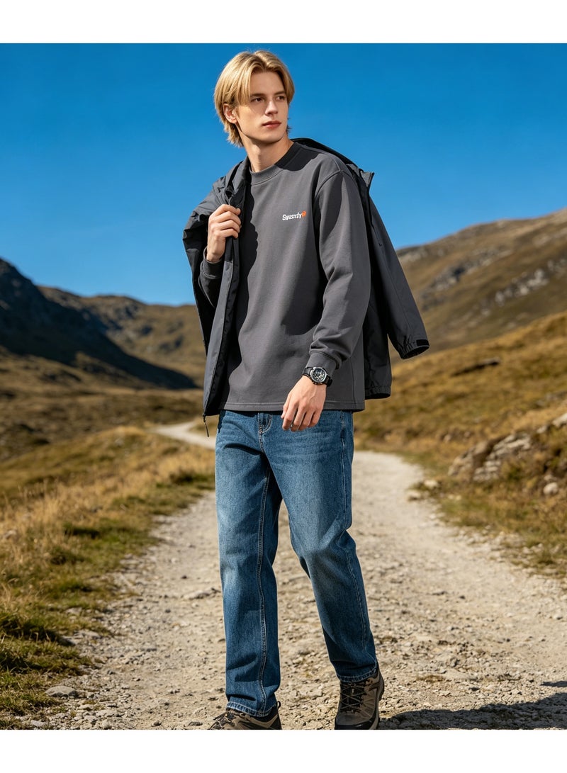 Superdry couple solid color round neck loose long sleeve T-shirt for men and women - Image 1