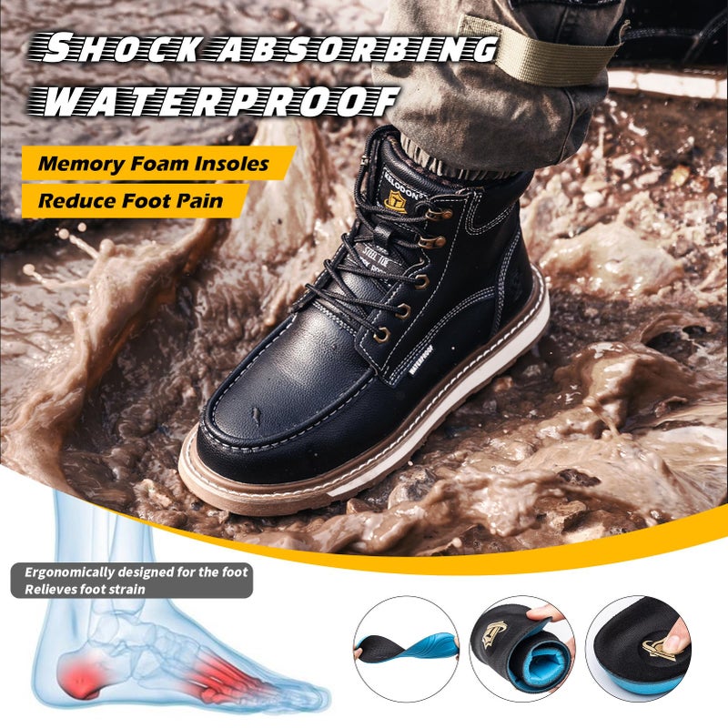 KELODON Waterproof Steel Toe Boots For Men-6" Leather Moc Toe Work Boots Mens Steel Toe Shoes Indestructible Non Slip Resistant Construction Safety Boot,Black,size 9.5 Men - Image 5