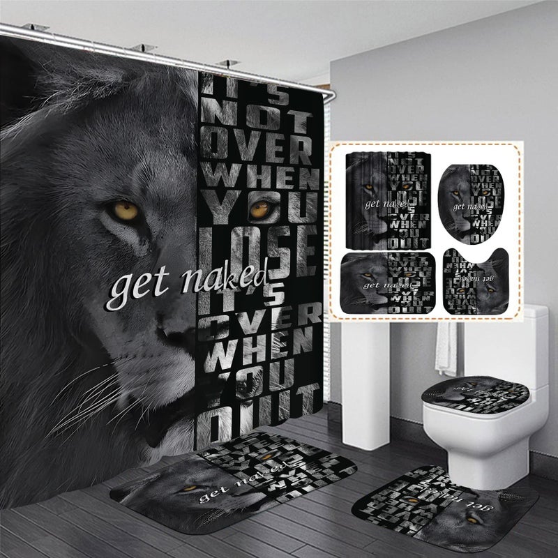 jieprom 4PCS Lion Insipirational Shower Curtain Set with Rugs, Toilet Lid Cover and Bath Mat, Animal Shower Curtain with 12 Hooks, Complete Bathroom Accessories Decor Set - Image 1