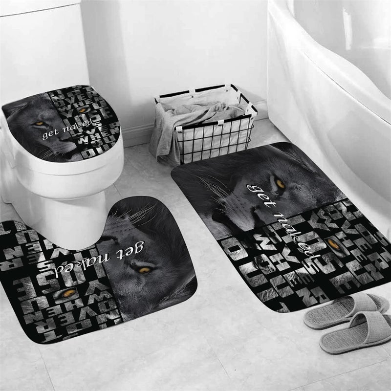 jieprom 4PCS Lion Insipirational Shower Curtain Set with Rugs, Toilet Lid Cover and Bath Mat, Animal Shower Curtain with 12 Hooks, Complete Bathroom Accessories Decor Set - Image 2