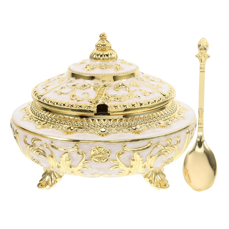 Veemoon Turkish Sugar Jar with Lid and Spoon Coated Gold Candy Dish Vintage Spices Bowl Turkish Serving Container Fancy Copper Bowl for Wedding Kitchen Buffet Decor