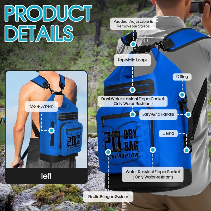 MORXPLOR Waterproof Dry Bag Backpack - [Front Zippered Pockets] 5L/10L/20L/30L Roll Top Waterproof Bag with Water Proof Phone Case for Swimming, Boating, Kayaking, Camping, Beach - Image 5