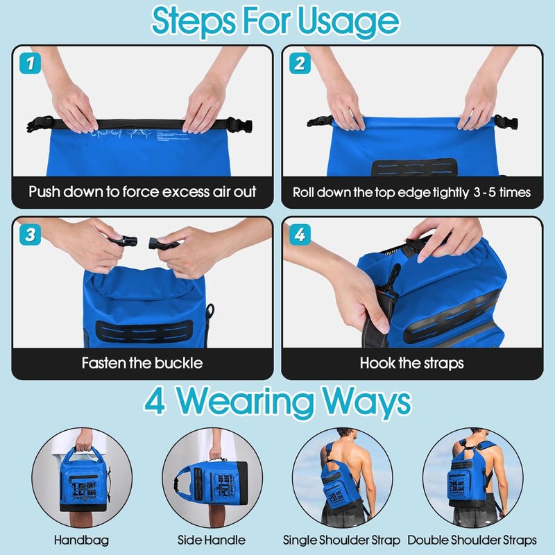 MORXPLOR Waterproof Dry Bag Backpack - [Front Zippered Pockets] 5L/10L/20L/30L Roll Top Waterproof Bag with Water Proof Phone Case for Swimming, Boating, Kayaking, Camping, Beach - Image 3