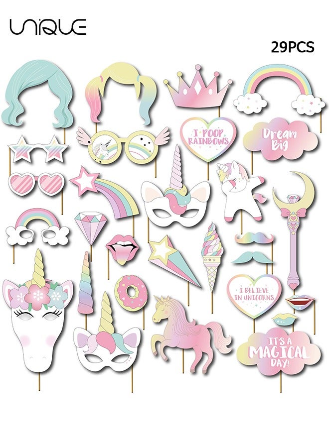 Unique 29Pcs Rainbow Decoration Unicorn Party Supplies, Funny Rainbow Unicorn Pegasus Photo Props for Unicorn Baby Shower Birthday Party Decoration Favors Supplies - Image 1