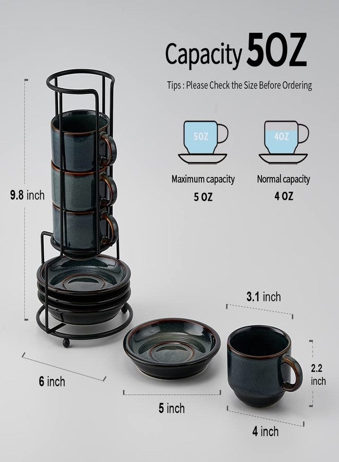 JH JIEMEI HOME طقم أكواب إسبريسو من البورسلين من جيمي هوم، قابل للتكديس، مع صحون وحامل معدني، سعة 4 أونصات، مناسب لمشروبات القهوة المختصة واللاتيه والشاي، مكون من 4 أكواب، قابل للتكديس، أخضر وأزرق - Image 5