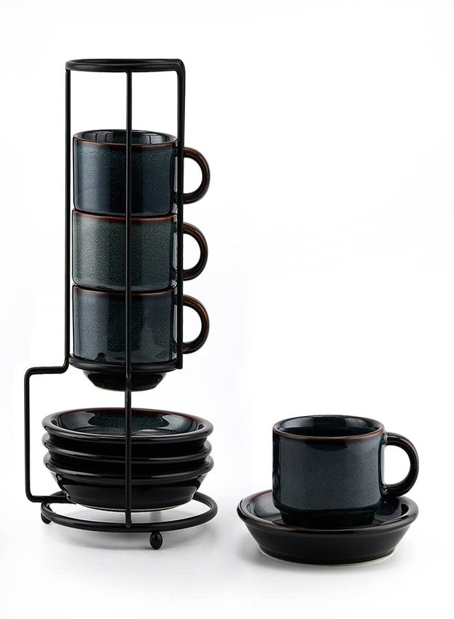 JH JIEMEI HOME طقم أكواب إسبريسو من البورسلين من جيمي هوم، قابل للتكديس، مع صحون وحامل معدني، سعة 4 أونصات، مناسب لمشروبات القهوة المختصة واللاتيه والشاي، مكون من 4 أكواب، قابل للتكديس، أخضر وأزرق - Image 1