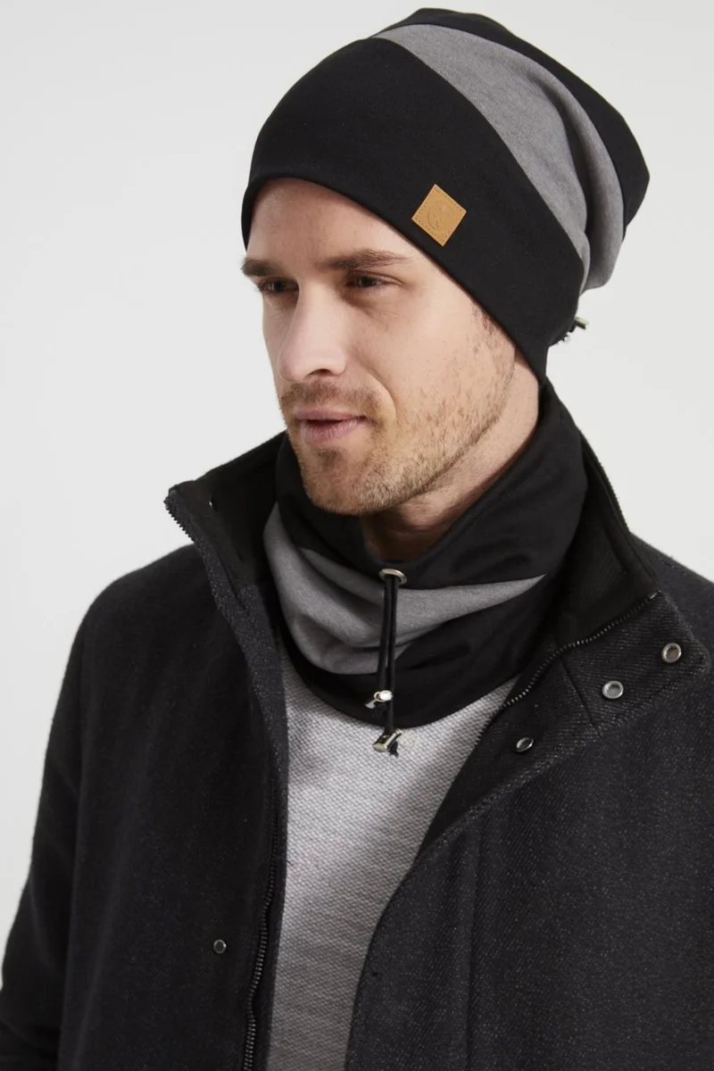 Butikgiz Men's Young New Season Black Gray Piece String Hat Beanie Neck Collar Suit SportsComfortable Cotton Thermal