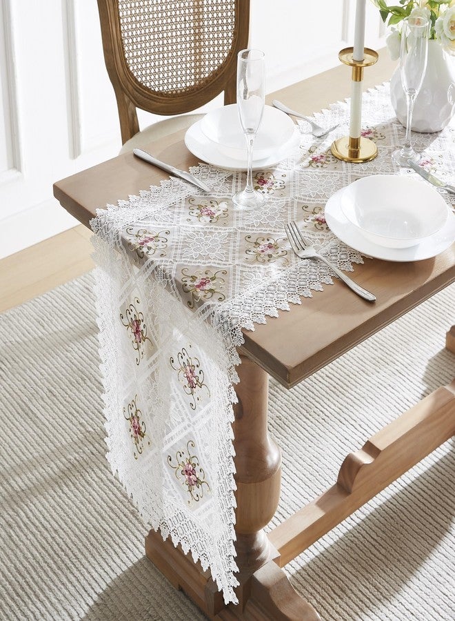 LinenZone White Farmhouse Table Runner with Flower Design. 36 Inch Macrame Dining Runner for Coffee Table. (Viola 16 x 36, White) - Image 2