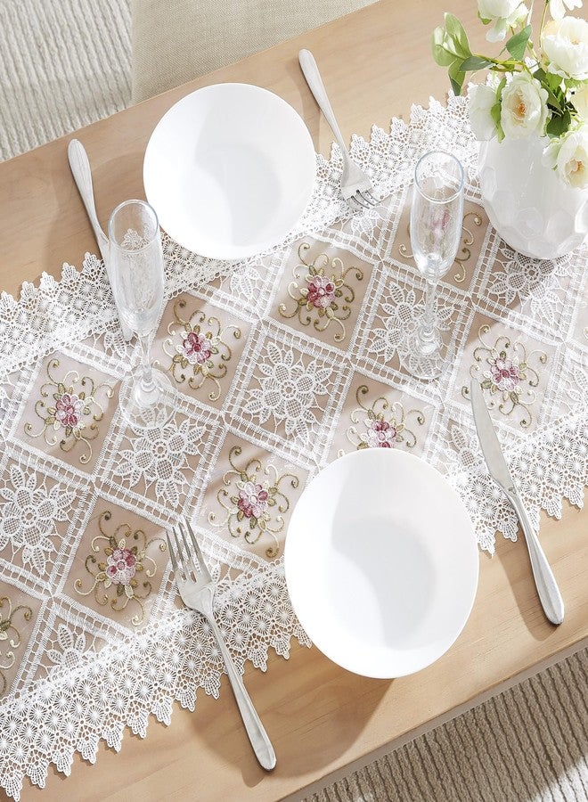 LinenZone White Farmhouse Table Runner with Flower Design. 36 Inch Macrame Dining Runner for Coffee Table. (Viola 16 x 36, White) - Image 1