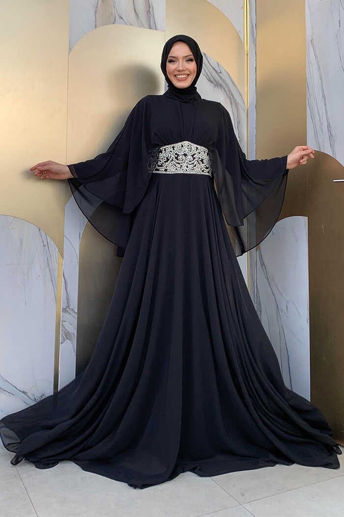 Bym Fashion Cape Waist Stone Embroidery Detail Chiffon Evening Dress 5001 Black  - Image 1