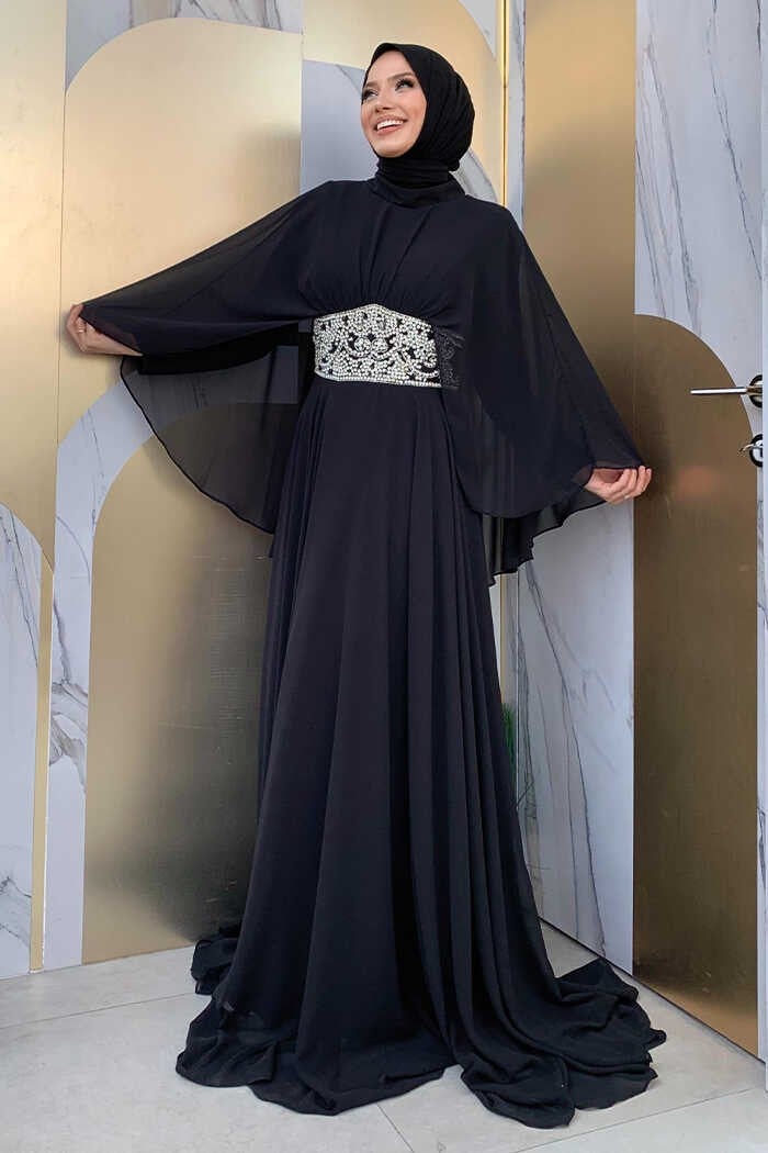 Bym Fashion Cape Waist Stone Embroidery Detail Chiffon Evening Dress 5001 Black  - Image 2