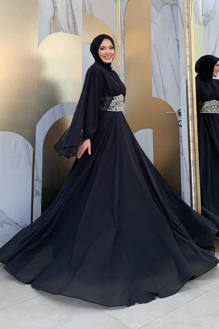 Bym Fashion Cape Waist Stone Embroidery Detail Chiffon Evening Dress 5001 Black  - Image 3