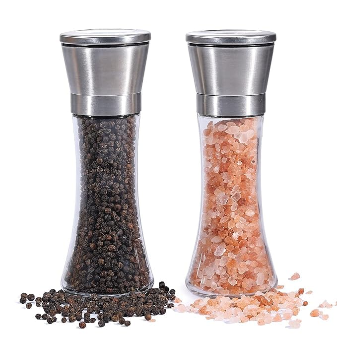 AZLVERA Stainless Steel Spice Grinder Glass Steel Squeeze MillPepper Grinder or Salt Shaker Manual Shaker Spice Storage with Adjustable Coarseness Setting Clear Pack of 2 - Image 1