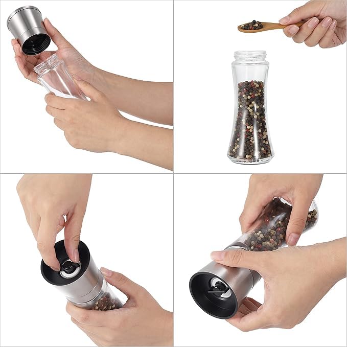 AZLVERA Stainless Steel Spice Grinder Glass Steel Squeeze MillPepper Grinder or Salt Shaker Manual Shaker Spice Storage with Adjustable Coarseness Setting Clear Pack of 2 - Image 5