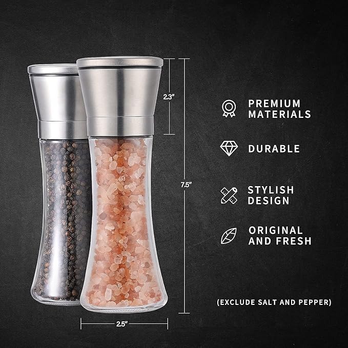 AZLVERA Stainless Steel Spice Grinder Glass Steel Squeeze MillPepper Grinder or Salt Shaker Manual Shaker Spice Storage with Adjustable Coarseness Setting Clear Pack of 2 - Image 4