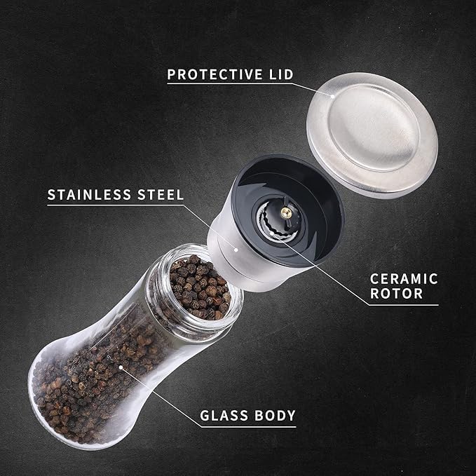 AZLVERA Stainless Steel Spice Grinder Glass Steel Squeeze MillPepper Grinder or Salt Shaker Manual Shaker Spice Storage with Adjustable Coarseness Setting Clear Pack of 2 - Image 2