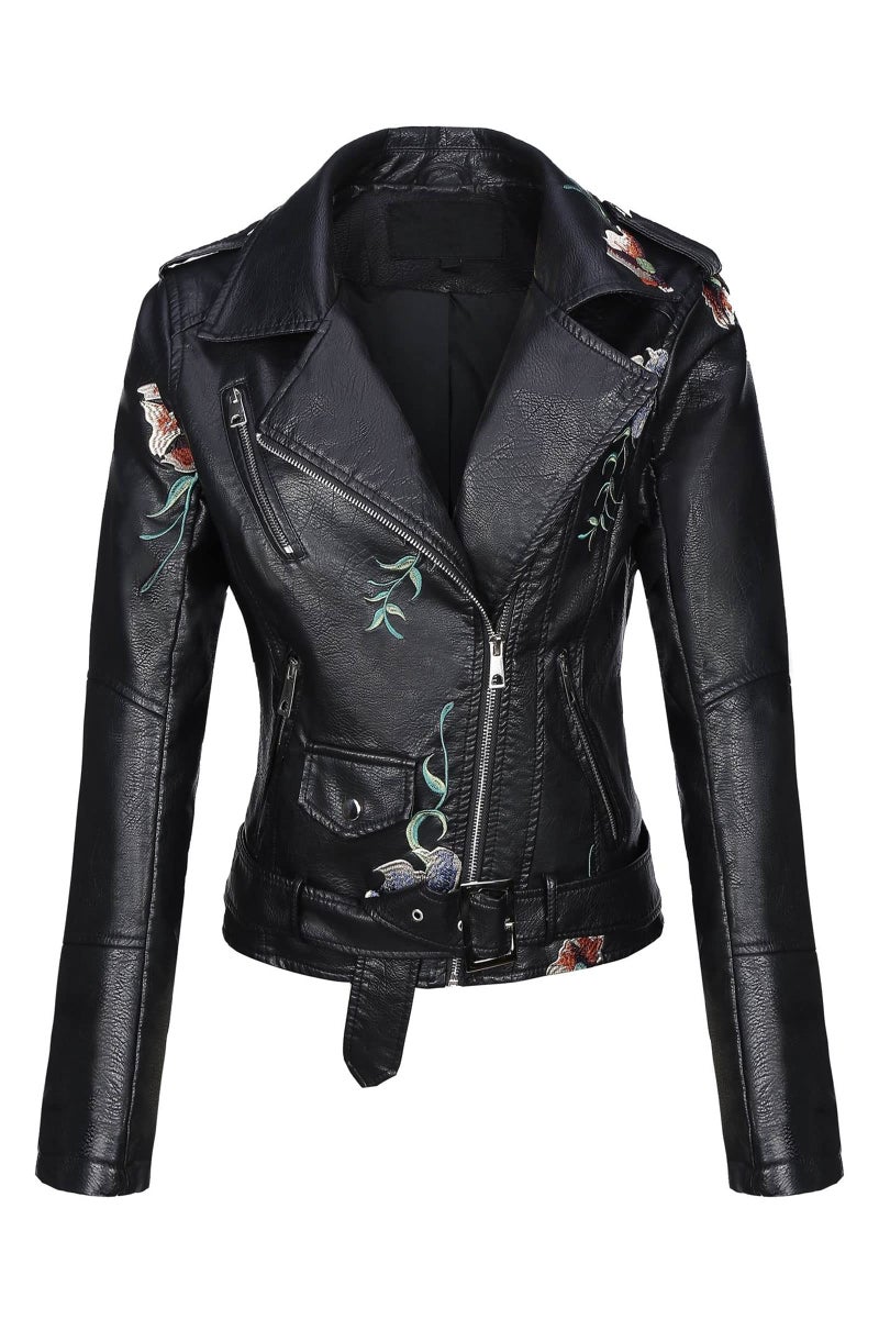 Bellivera Spring Faux Leather Jacket For Women Womens Long Sleeves Winter Faux Leather Embroidery Floral Zipper Jacket,Black1702020,Medium - Image 1
