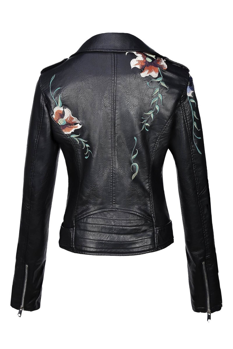 Bellivera Spring Faux Leather Jacket For Women Womens Long Sleeves Winter Faux Leather Embroidery Floral Zipper Jacket,Black1702020,Medium - Image 2