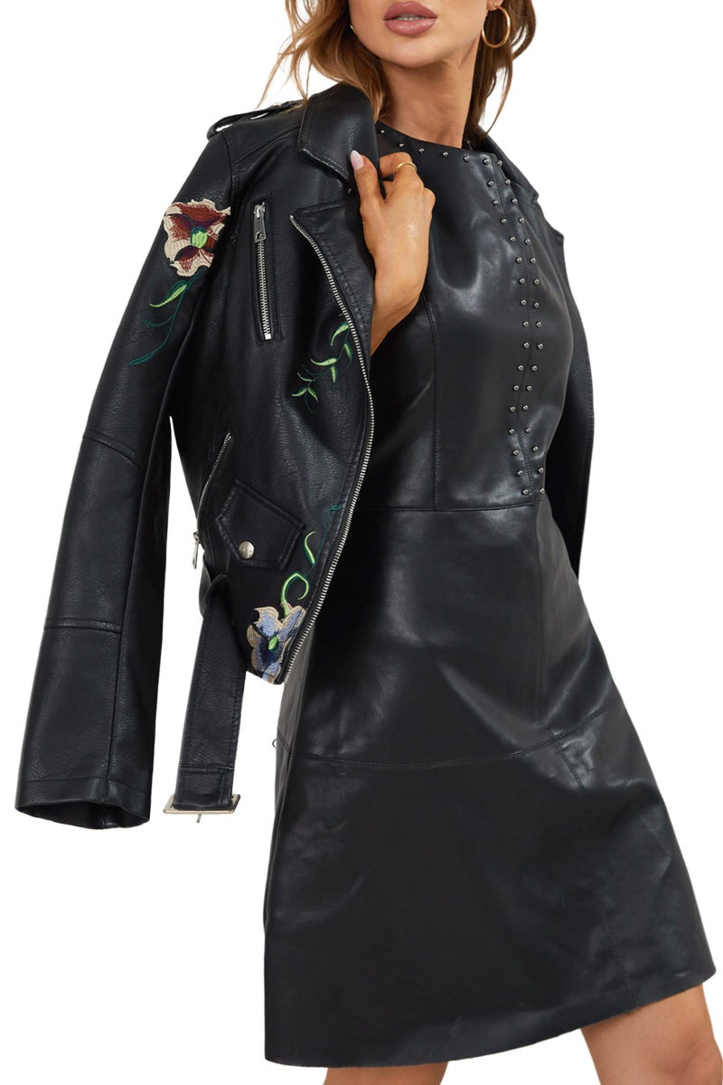 Bellivera Spring Faux Leather Jacket For Women Womens Long Sleeves Winter Faux Leather Embroidery Floral Zipper Jacket,Black1702020,Medium - Image 3