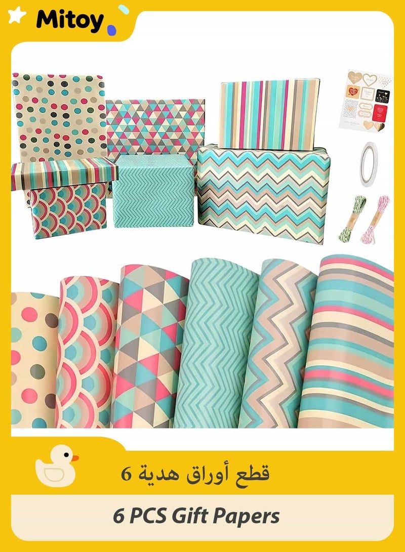 Mitoy 6 PCS Wrapping Gift Paper Set, with Ribbon, Sticker and Tape  for Birthday Gift Sticker and Tape, for Weddings, Graduations - Image 1