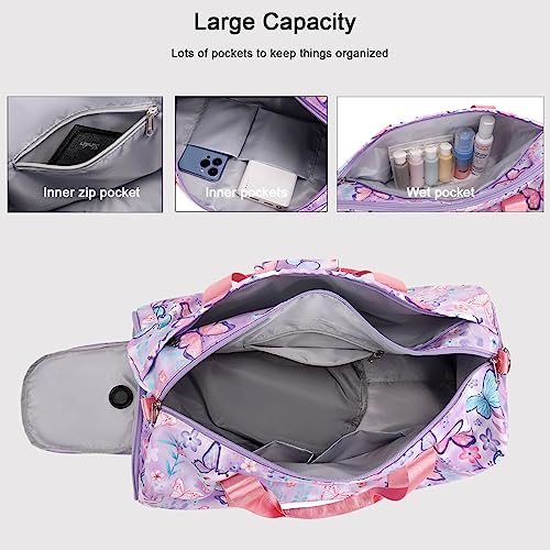 Octsky Dance Bag Girls Gymnastics Duffle with Shoe Compartment, Kids Travel Weekender Sleepover Carry On Bag (Butterfly Purple) - Image 4