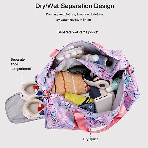 Octsky Dance Bag Girls Gymnastics Duffle with Shoe Compartment, Kids Travel Weekender Sleepover Carry On Bag (Butterfly Purple) - Image 2